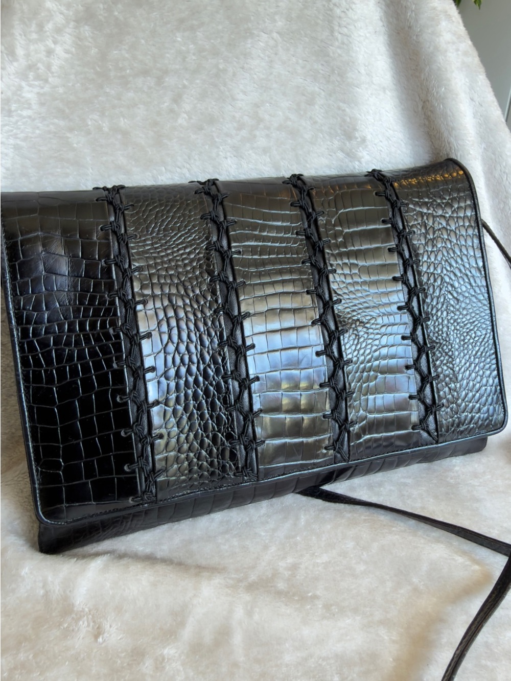 Vintage SHARIF Shoulder Bag Black Croc Embossed Leather Patchwork Whipstitch USA